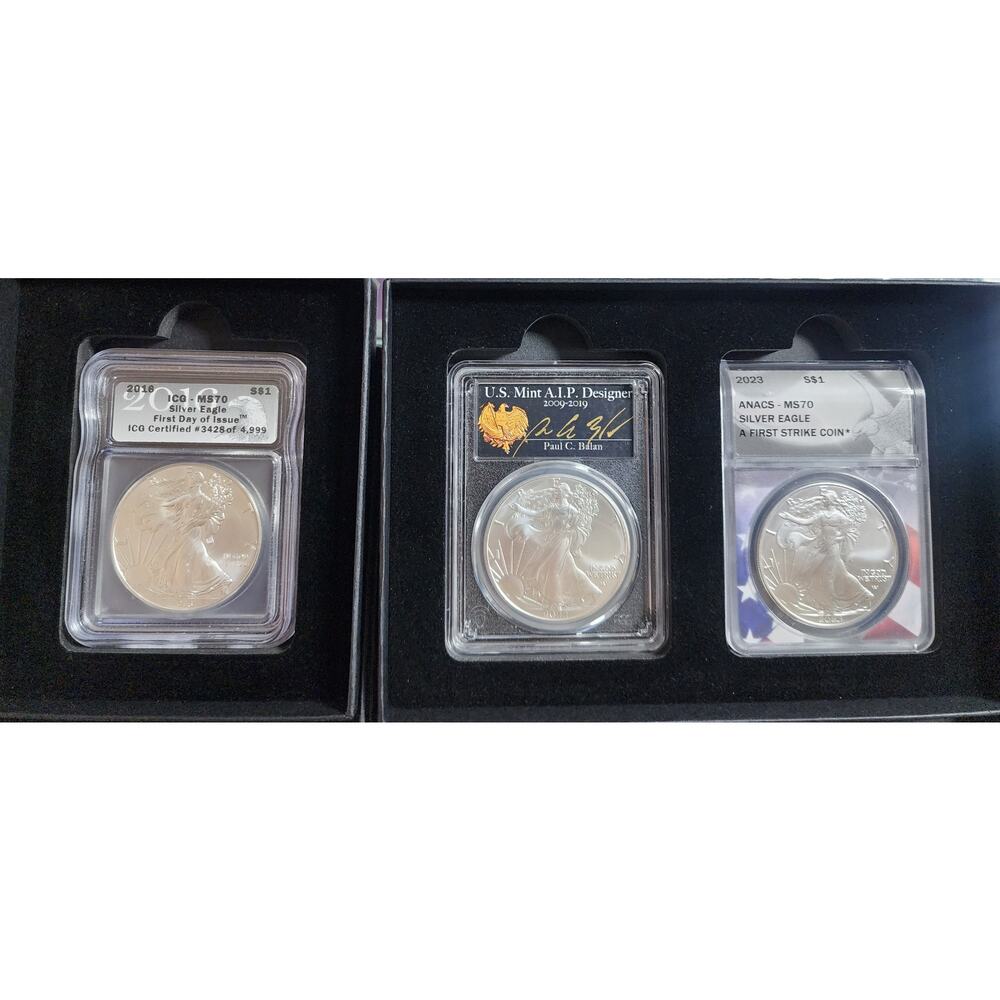 Perfect MS70 Silver Eagle 3‑Coin Set PCGS ICG ANACS FDOI FS Signed & Gift Boxed